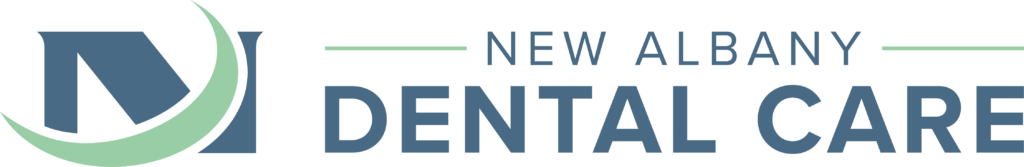 Logo for "New Albany Dental Care" with a stylized "N" and a green smile. Text: "NEW ALBANY DENTAL CARE.